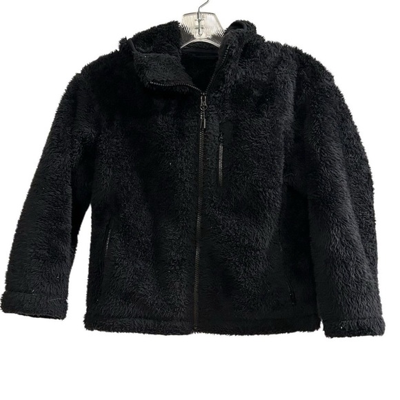 Uniqlo Kids Sherpa Fleece Hooded Jacket Black Size 7-8 Winter Warm Zip - Picture 1 of 9